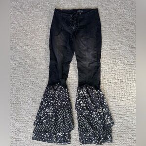 Dolls kill CURRENT MOOD solstice secrets denim flare pant , lace up, floral